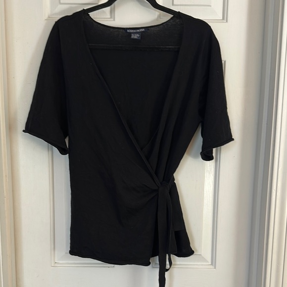 Boston Proper Black Wrap Blouse with Tie Front cotton cashmere blend small - Picture 1 of 4